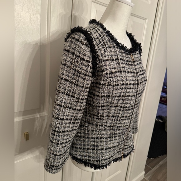 MILLY Black and White Plaid Fringe Houndstooth Wool Blazer Size 6 - Picture 3 of 11